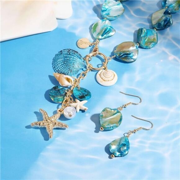 Turquoise Seashell Charm Necklace and Earrings Set – Boho Beach Jewelry - Picture 4 of 5